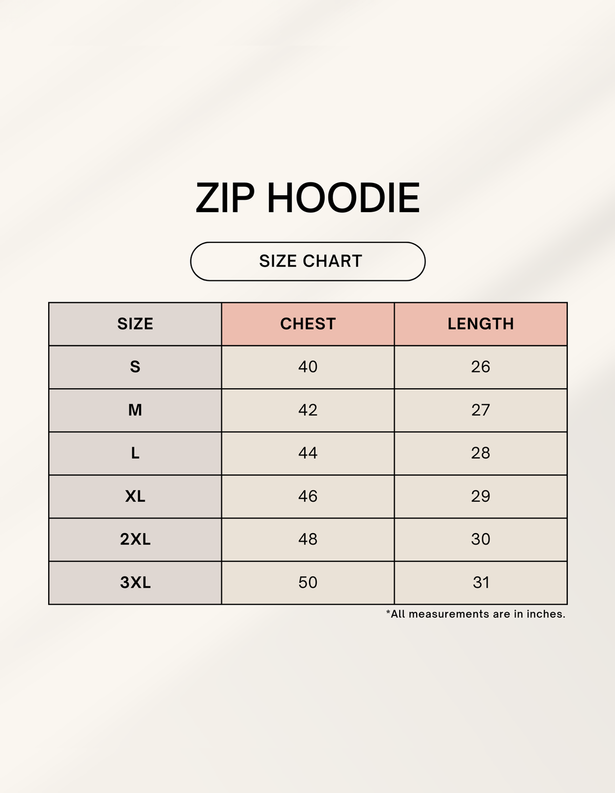 Size chart for THE 