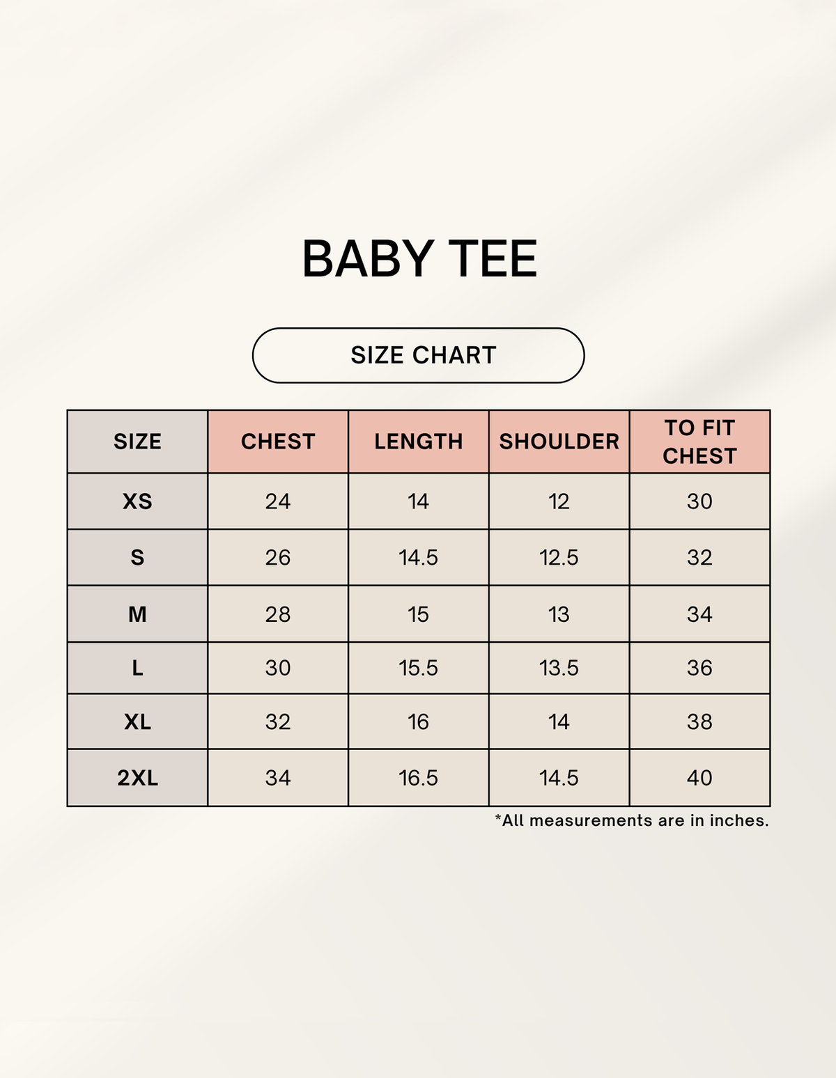 Size chart for 